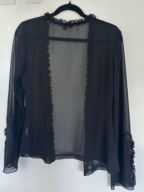 ESPRIT | WHIMSIGOTH BLACK SHEER RUFFLE TRIM CARDIGAN / OVERSHIRT EUC SIZE S